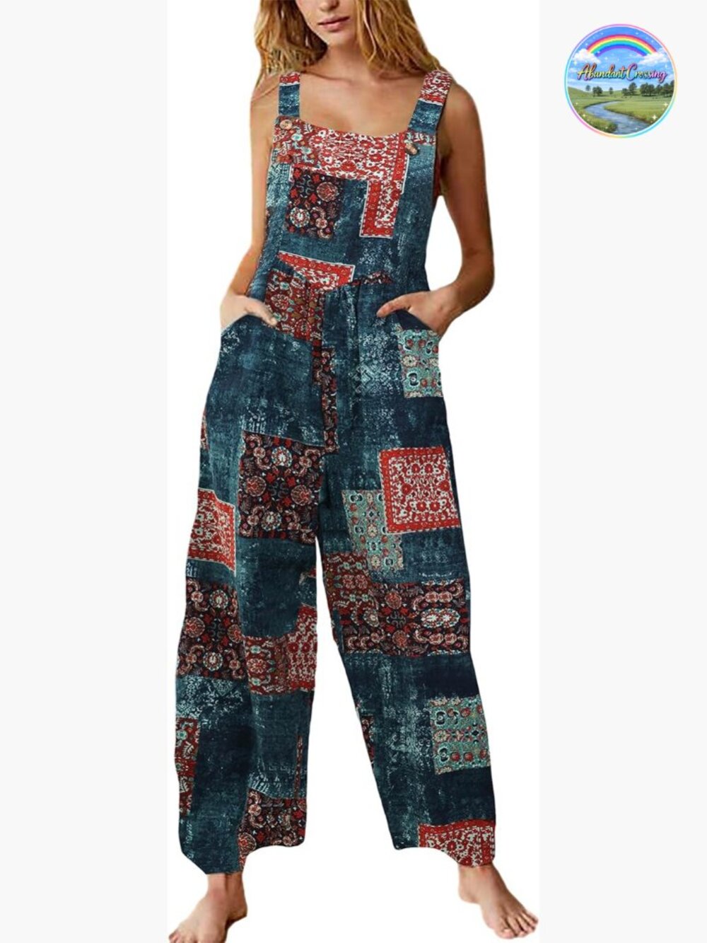 Boho Floral Print Wide Leg Jumpsuit Overalls with Pockets Adjustable Strap